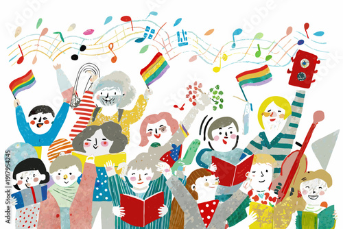 A diverse group of people joyfully celebrating with music and pride flags