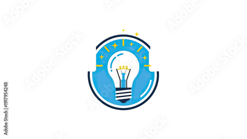 A blue and white logo depicting a lightbulb within a stylized frame, with star accents