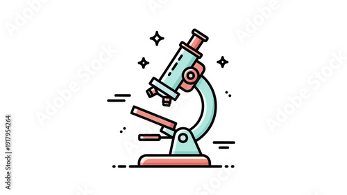 Colorful, stylized illustration of a microscope with sparkling accents, set against a white background