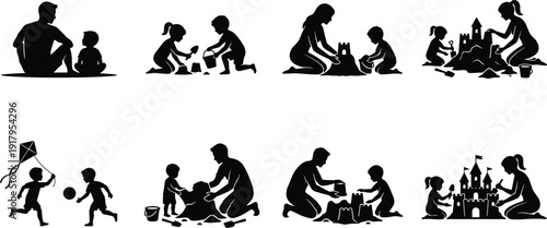 Family and Children Playing Silhouette Set with Sandcastle Building, Kite Flying and Outdoor Parenting Activities