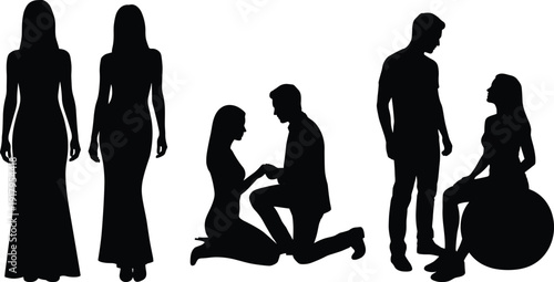 Elegant Couple and Woman Silhouette Set Featuring Romantic Proposal, Standing Poses and Formal Evening Gown Fashion