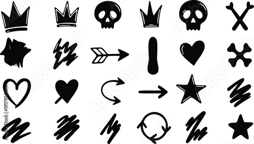 Black hand drawn skull and crossbones icons with stars hearts and crowns for gothic design