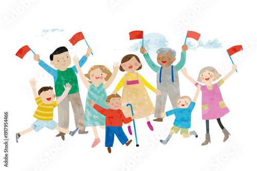 A diverse group of people joyfully celebrate with red flags raised