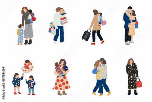 Minimalist illustrations depicting diverse families and affectionate interactions