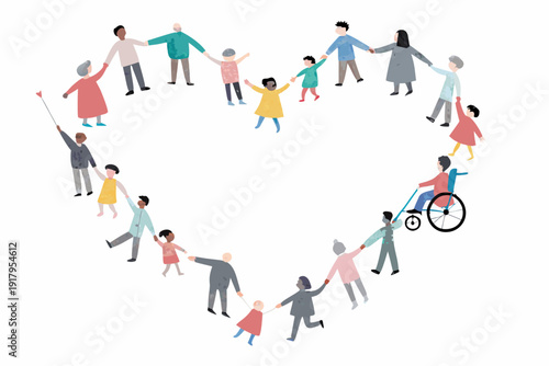 Diverse group of people forming a heart shape while holding hands