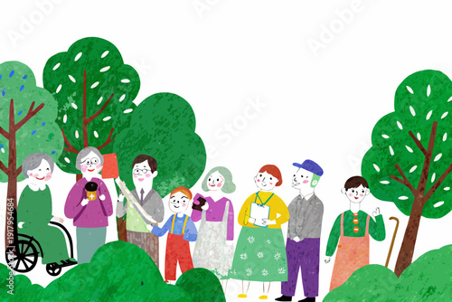 A diverse group of people gather happily amongst lush green trees