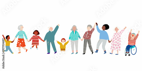 Diverse group of people holding hands in a celebratory line