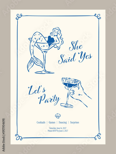 Whimsical Bachelorette Party Invitation Template. Printable Hen Party Invite with Cocktail Illustration, mermaid Bridal Celebration Design.