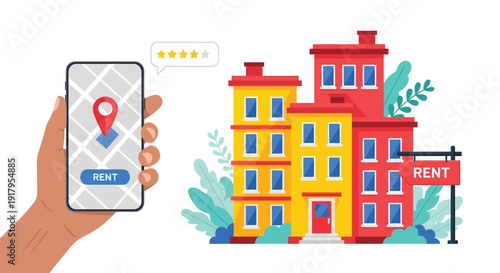 Illustration of a hand holding a smartphone with a map and rent icon displayed, next to colorful buildings with a "Rent" sign, depicting online property rental.