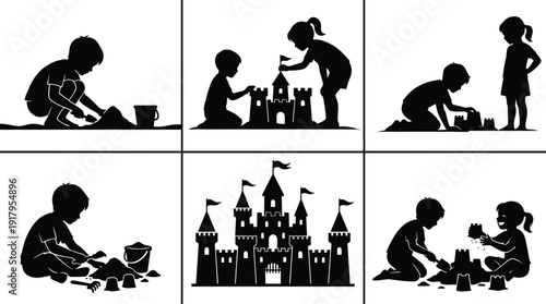 Children Building Sandcastles Silhouette Collection Beach Playtime and Creative Summer Activity Vector Illustration Set
