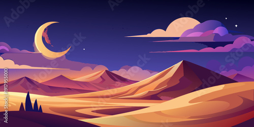 A serene desert landscape at night with a crescent moon shining brightly in the sky
