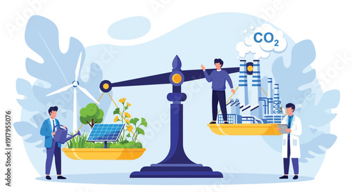 An illustration of a balance scale with green energy, featuring solar panels and plants, on one side, and factories with CO2 emissions on the other. Two figures stand by each side, highlighting clean 