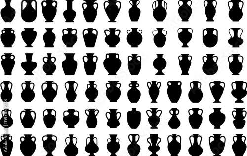 Black silhouette collection of ancient Greek amphora and ceramic vases in various shapes. Classic pottery set isolated on white background, vector illustration.