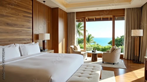 Luxury hotel room interior with ocean view and natural wood accents for vacation or relaxation scenarios