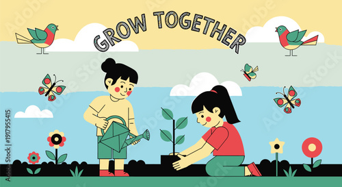Illustration of two children planting a tree together, surrounded by flowers, butterflies, and birds under the phrase 'Grow Together'.