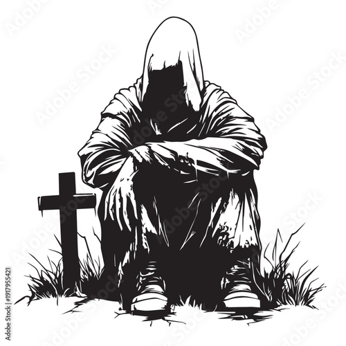 vector illustration of a man at the grave
