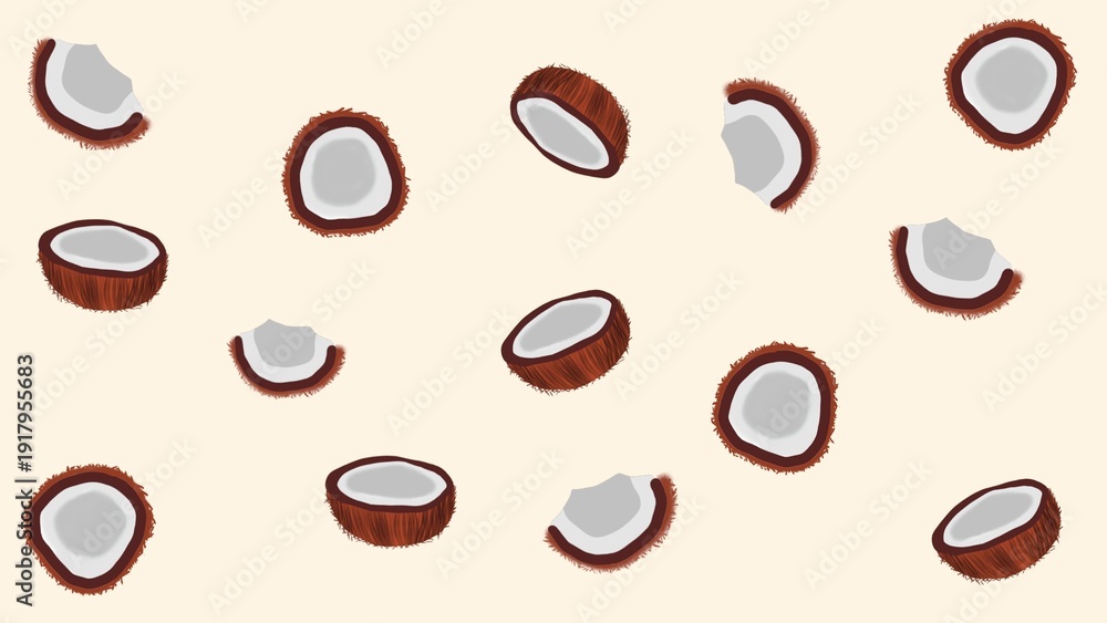 Obraz premium Seamless cuts coconut pattern on isolated cream background