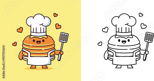 Cute Cartoon Pancake Chef Character with Spatula and Hearts, Coloring Page Set Vector Illustration for Kids Activity, Kawaii Food Mascot Wearing Apron and Hat for Bakery or Cooking Design