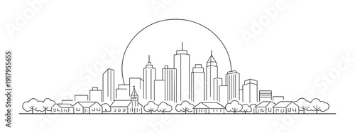 City skyline with suburban houses under arc on dark background