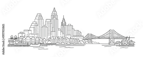 Monochrome city skyline with suspension bridge and harbor