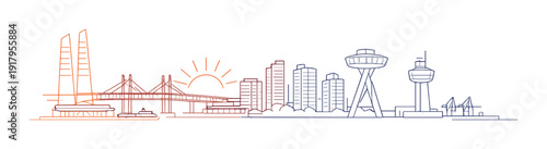City skyline line drawing across waterfront with bridge