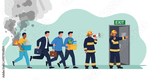 People evacuating a burning building, holding office items, followed by firefighters. One firefighter uses a megaphone, another points to an exit.