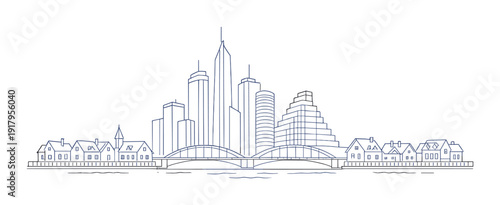 City skyline with arched bridge and waterfront houses