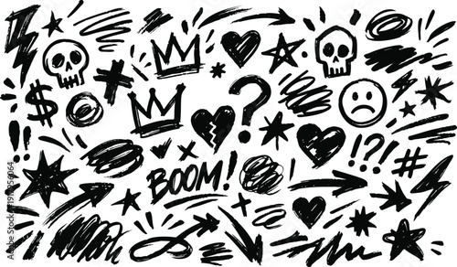 Set of bold black hand-drawn doodle icons, symbols, and text elements on a transparent background