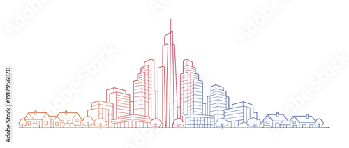 Glowing city skyline outline with suburban houses at foreground