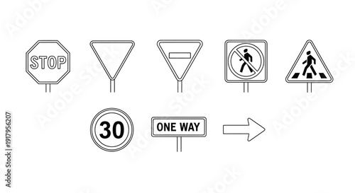 A collection of black and white line drawings of various road traffic signs, including stop, yield, speed limit, pedestrian crossing, and one-way indicators.