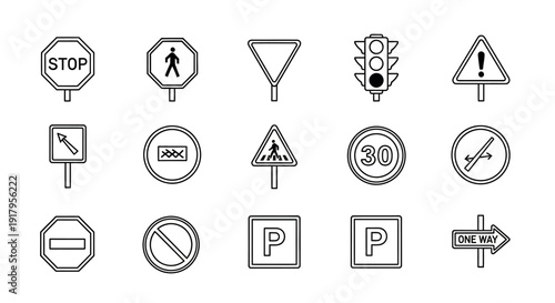 Collection of various traffic and road signs, including stop, pedestrian crossing, yield, traffic light, warning, parking, speed limit, and no entry signs.