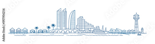 Modern waterfront with high rise towers and marina at sea