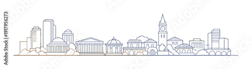 City skyline outline with clock tower and waterfront buildings