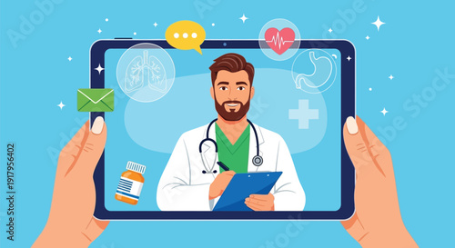 A doctor with a beard and stethoscope smiles while holding a tablet, surrounded by icons of lungs, heart, stomach, email, and medicine bottle on a blue background.