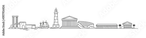Coastal port with lighthouse and classical buildings by water