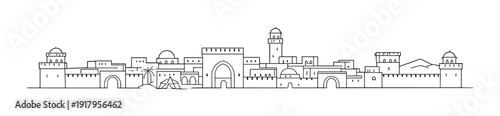 Fortified desert town linear skyline on gradient gray background