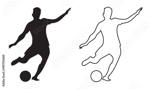Soccer Player Silhouette Dribbling Ball Vector Icon. Black and outline soccer player silhouettes dribbling a ball, isolated on white background, ideal for sports design and branding projects.

