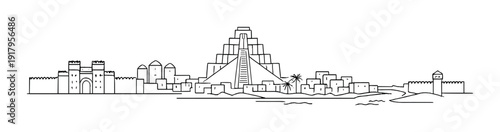 Step pyramid with surrounding walls and small village on plain