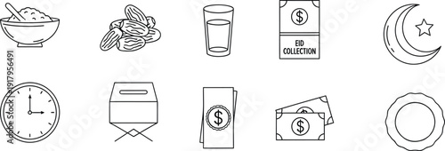 Set of simple line icons representing ramadan fasting and zakat charity concepts