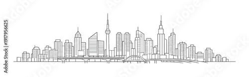 Urban skyline with central tower and arched bridge on horizon