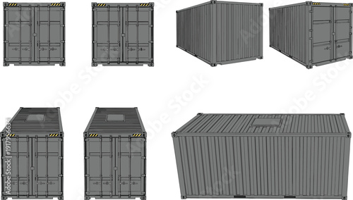 Shipping container illustration, multiple views, front, back, side, top, perspective angles, logistics design, industrial transport vector artwork, cargo storage graphic