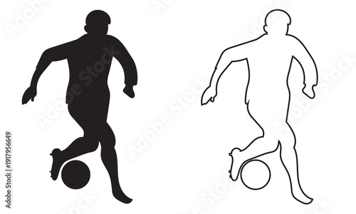 Soccer Player Silhouette Dribbling Ball Vector Icon. Black and outline soccer player silhouettes dribbling a ball, isolated on white background, ideal for sports design and branding projects.

