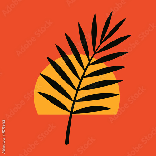 Minimalist sun setting behind a palm branch silhouette