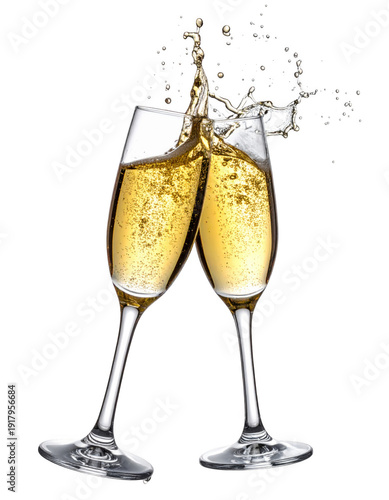 Two champagne flutes clinking together in celebration