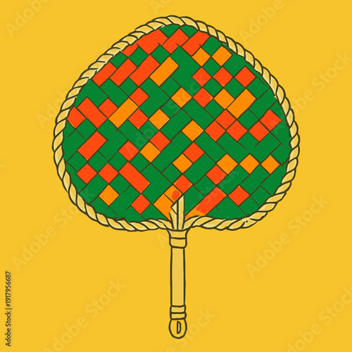 A traditional hand-held fan made of woven palm leaves