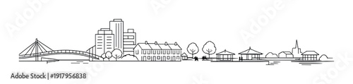 Riverside town line drawing with bridge and waterfront pavilions
