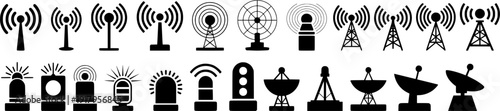 Vector set of wireless antennas, radio towers, radar and satellite dishes. Black telecommunication and signal icons isolated on white background.