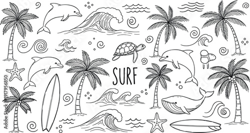 Hand drawn surf doodle collection with palm trees waves dolphins sea turtles and surfboards for summer vacation cad drawing flat vector illustration