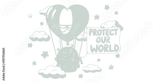 Eco friendly hot air balloon icon with Protect Our World text, isolated on transparent background