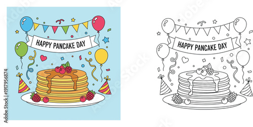 Happy Pancake Day Celebration Set Featuring a Stack of Pancakes with Syrup and Berries, Including a Coloring Page Version with Party Balloons and Decorations (165 characters)